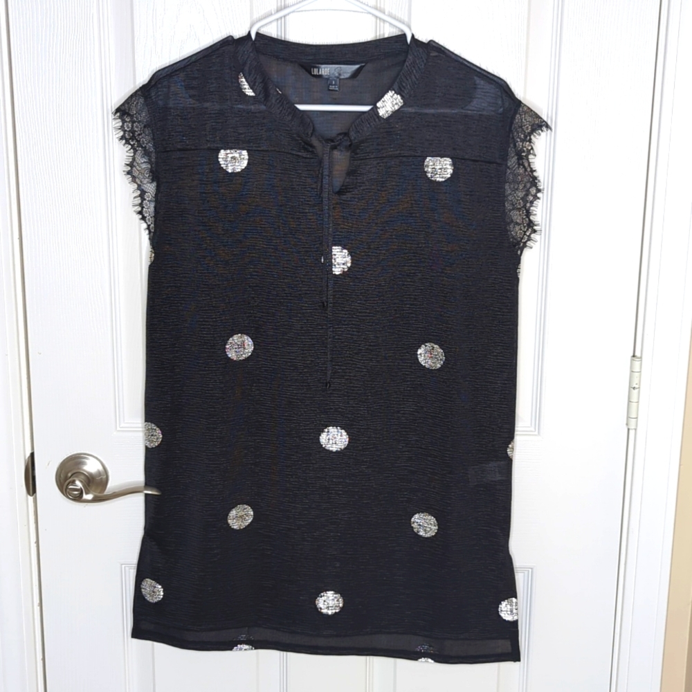 Lularoe Elegant Grace Sleeveless Top in size Small Silver polka dots Black